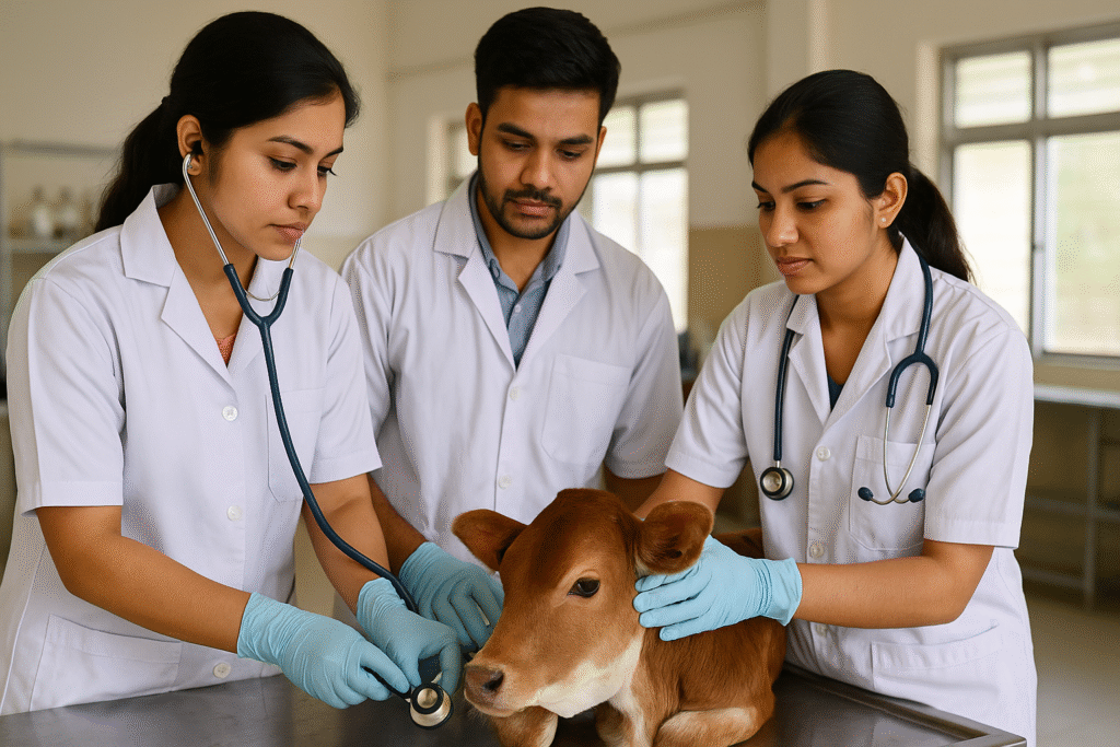 தமிழ்நாட்டிலுள்ள வெட்டினரி கல்லூரி ஆய்வகத்தில் வெள்ளை கோட் மற்றும் கையுறை அணிந்த மாணவர்கள் ஒரு கன்றுக்குட்டியை பரிசோதனை செய்து கொண்டிருக்கின்றனர். இயல்பான ஒளிச்சாயலில் எடுக்கப்பட்ட நிஜத்தன்மை கொண்ட கல்வி காட்சி.