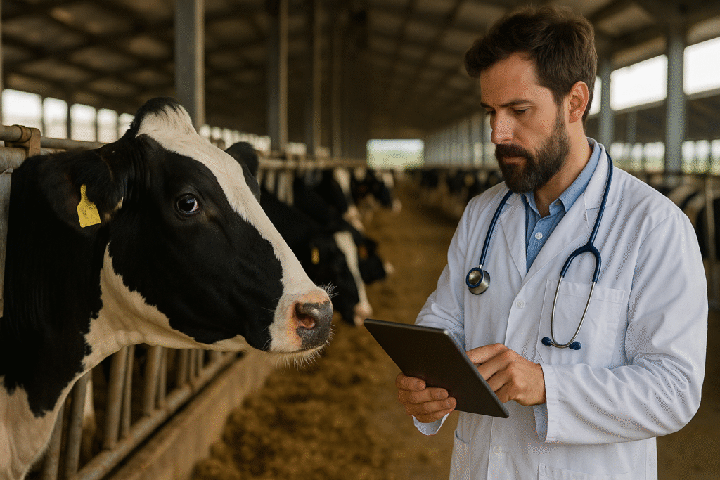 Veterinarian using a digital tablet to monitor a Holstein cow inside a modern livestock farm.