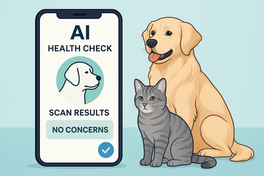 AI pet health checker app illustration showing a smartphone with scan results and a dog and cat beside it.