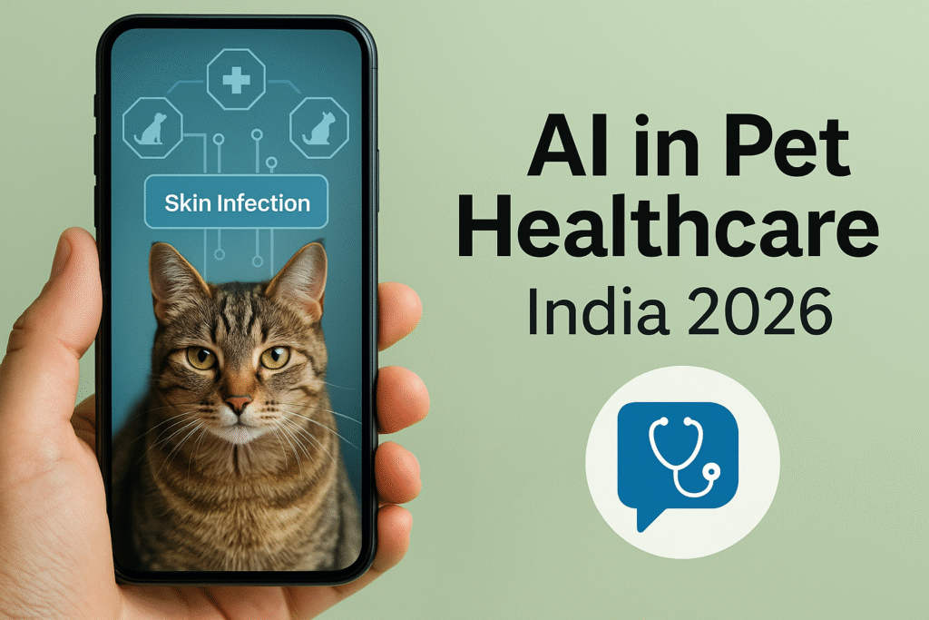 AI-powered pet healthcare in India showing a smartphone diagnosing a cat with “Skin Infection.”