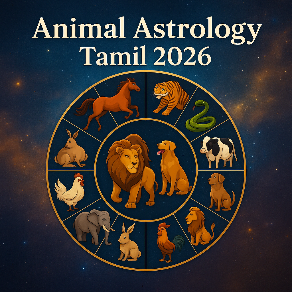 🐾 விலங்கு ஜோதிடம் 2026 – தமிழ் வழியில் புதிய ஆண்டிற்கான விலங்கின அடிப்படையிலான பலன்கள் 1 Title: Animal Astrology Tamil 2026 | விலங்கு ஜோதிடம் 2026
Tamil spelling 100% correct ✅
Style: Tamil cultural + cosmic astrology look
Icons: Horse 🐎, Tiger 🐅, Snake 🐍, Cow 🐄, Dog 🐕, Lion 🦁, Goat 🐐, Rooster 🐓, Rabbit 🐇, Elephant 🐘
Layout: Circular zodiac chart style
Lighting: Bright daylight + soft cosmic glow