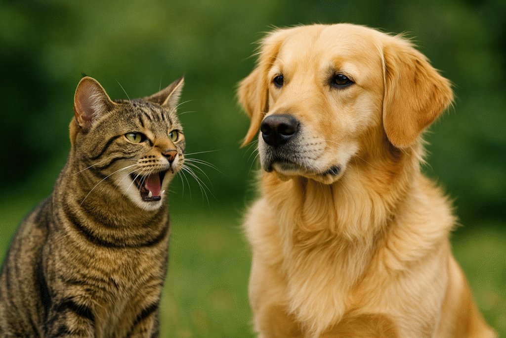 Close-up DSLR-style photo of a tabby cat vocalizing beside a calm Golden Retriever, sitting outdoors on green grass.
