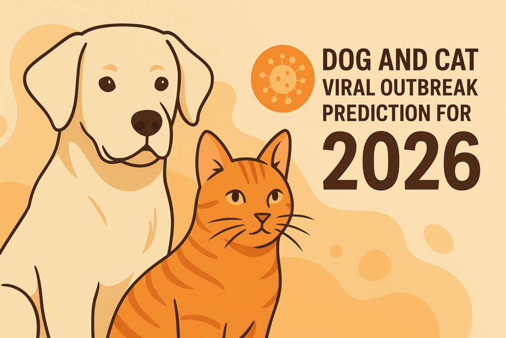 Dog and cat illustration showing 2026 viral outbreak prediction with virus icon in a warm color background.