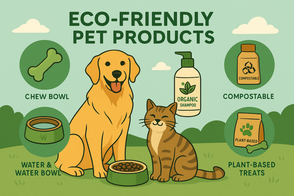 Eco-friendly pet products illustration featuring a dog, a cat, and sustainable items like organic shampoo, compostable bags, plant-based treats, natural chew toys, and eco bowls in a green outdoor background.