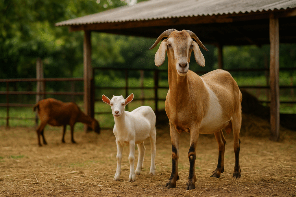 Three goats standing near a rural goat shed, captured in DSLR style for goat farming profitability 2026 article.