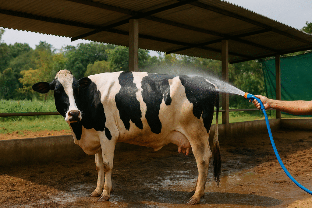 Holstein cow being cooled with water spray under a rural shed to reduce heat stress on a hot day.