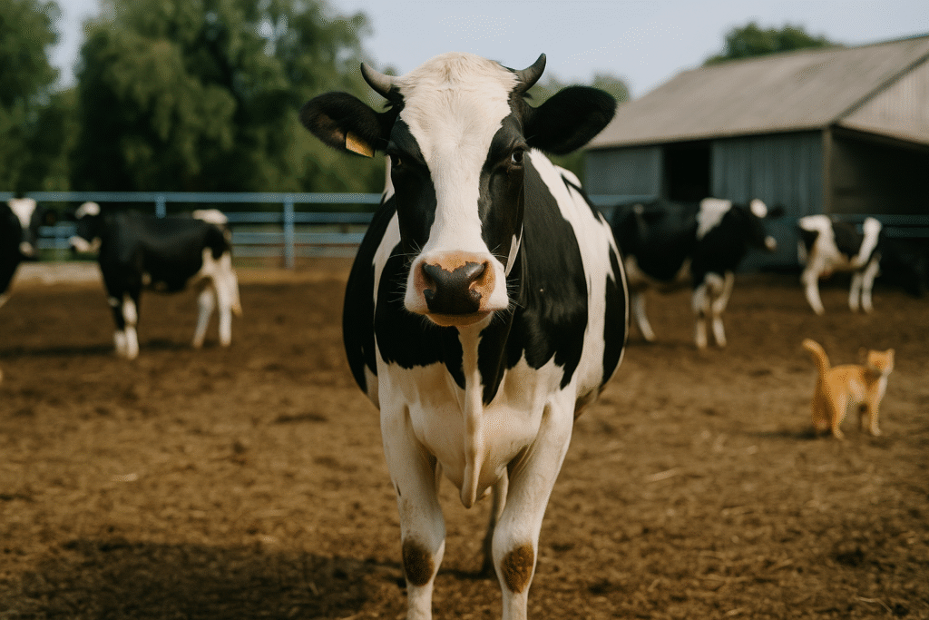 Holstein cow standing alert in a rural farm enclosure with other cows and a cat in the background, captured in DSLR-style natural lighting.