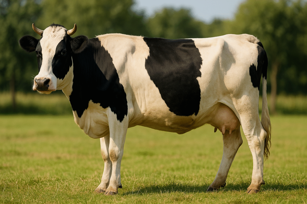 Holstein dairy cow standing on a green pasture under natural sunlight, with trees and blue sky in the background.
