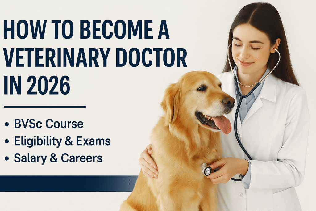 Young veterinary doctor examining a Golden Retriever – How to become a veterinary doctor in 2026