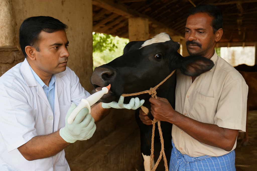 A veterinarian wearing gloves administers oral deworming medicine to a black-and-white cow while a Tamil Nadu farmer holds the animal steady inside a rural cattle shed under natural daylight.