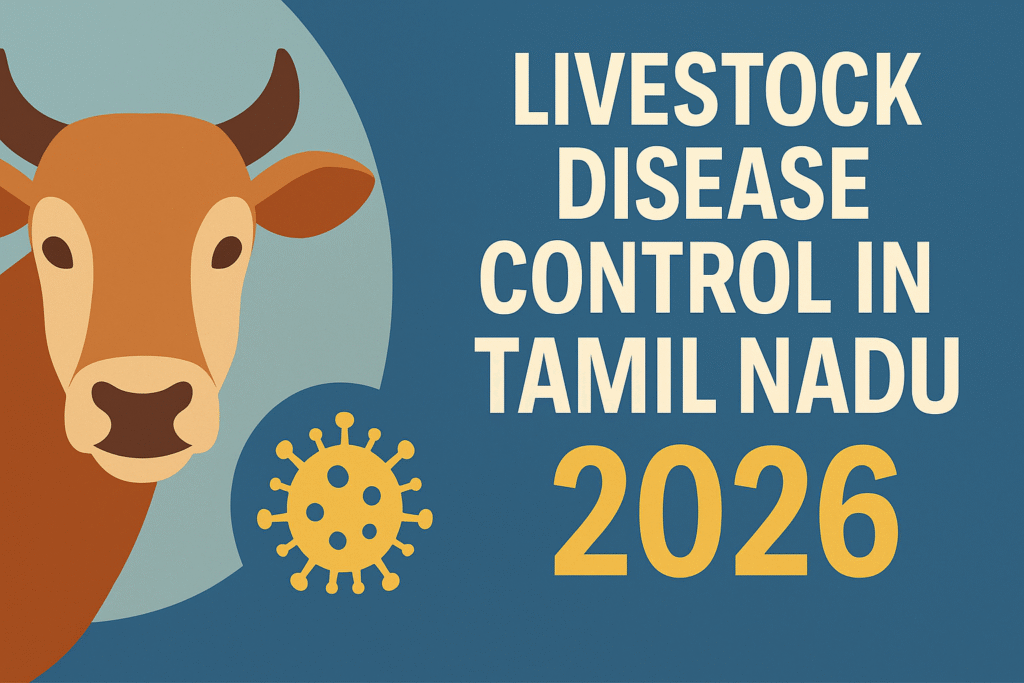 Illustration of cattle and a virus icon representing livestock disease control measures in Tamil Nadu for 2026.