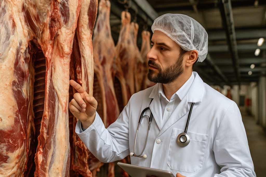 Veterinarian inspecting meat quality inside an export-approved slaughterhouse during a meat-inspection process.