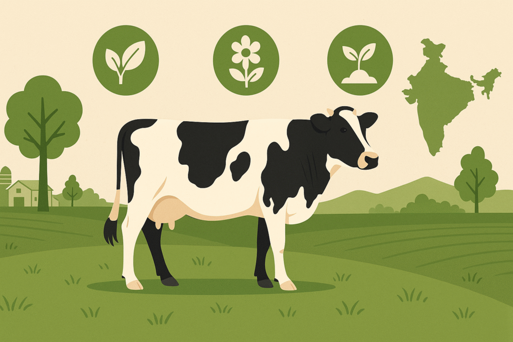 Illustration of a Holstein cow standing on a green farm with organic fodder icons above.