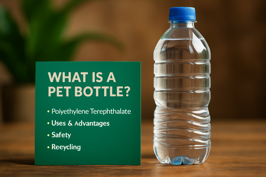 High-quality DSLR photo of a clear PET plastic bottle with water drops on a black background – PET bottle meaning and explanation