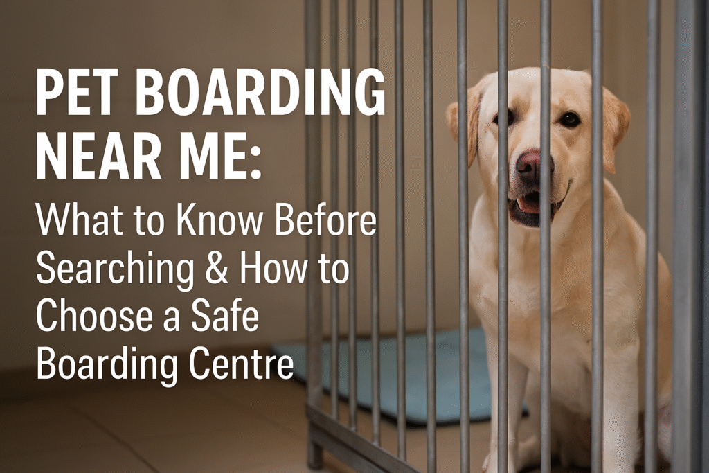 Labrador Retriever behind kennel bars inside a pet boarding facility with text “Pet Boarding Near Me: What to Know Before Searching & How to Choose a Safe Boarding Centre”