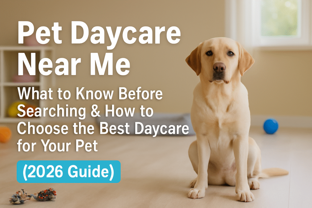 Golden Labrador standing on a clean indoor floor near a window inside a pet daycare facility, with toys around and text highlighting the 2026 Pet Daycare Near Me guide.