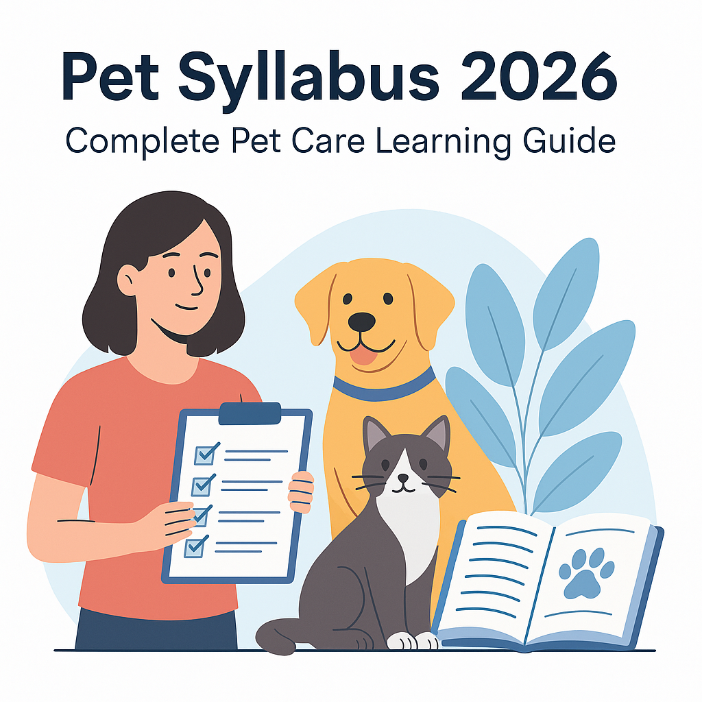 Illustration of a woman holding a pet care checklist with a dog and cat beside an open book – Pet Syllabus 2026 learning guide