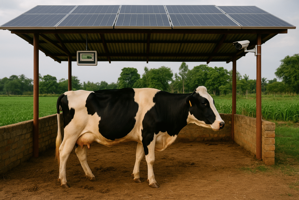 Holstein cow standing inside a solar-powered modern cattle shed with CCTV camera and digital monitor, surrounded by green farmland, representing smart livestock farming technology in 2026.