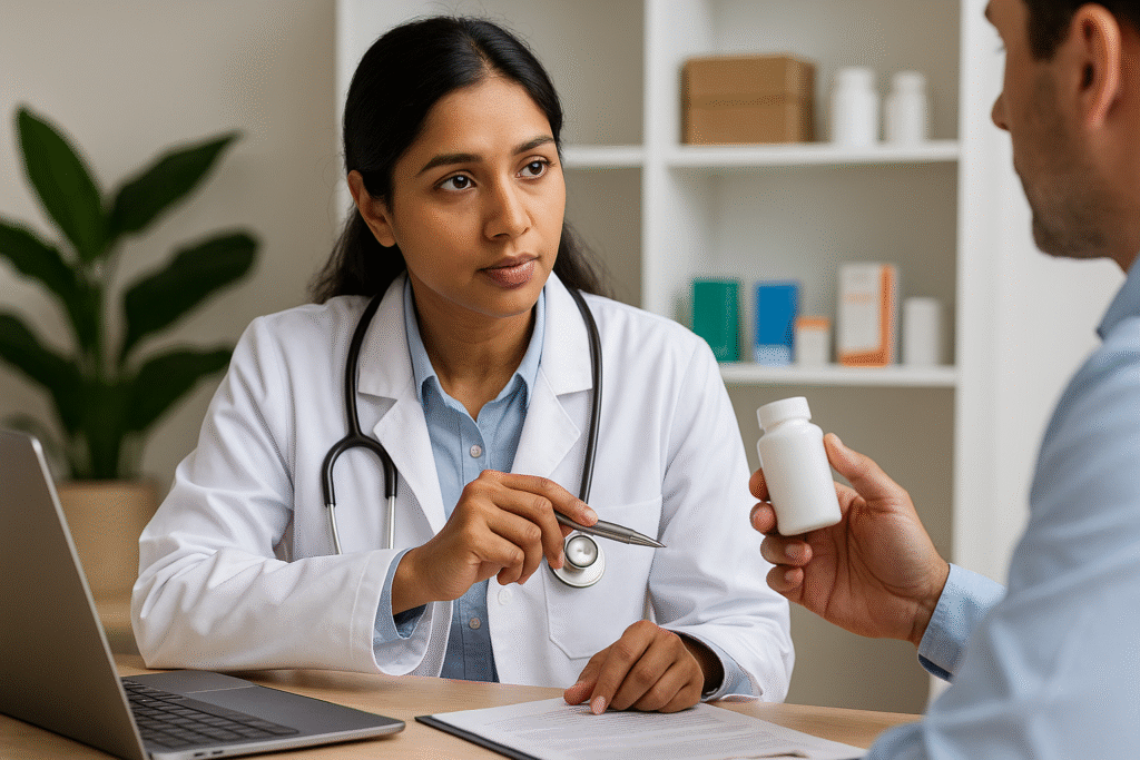 Indian veterinary professional reviewing a pharmaceutical product sample during a clinical discussion, representing pharma companies hiring veterinarians in India.