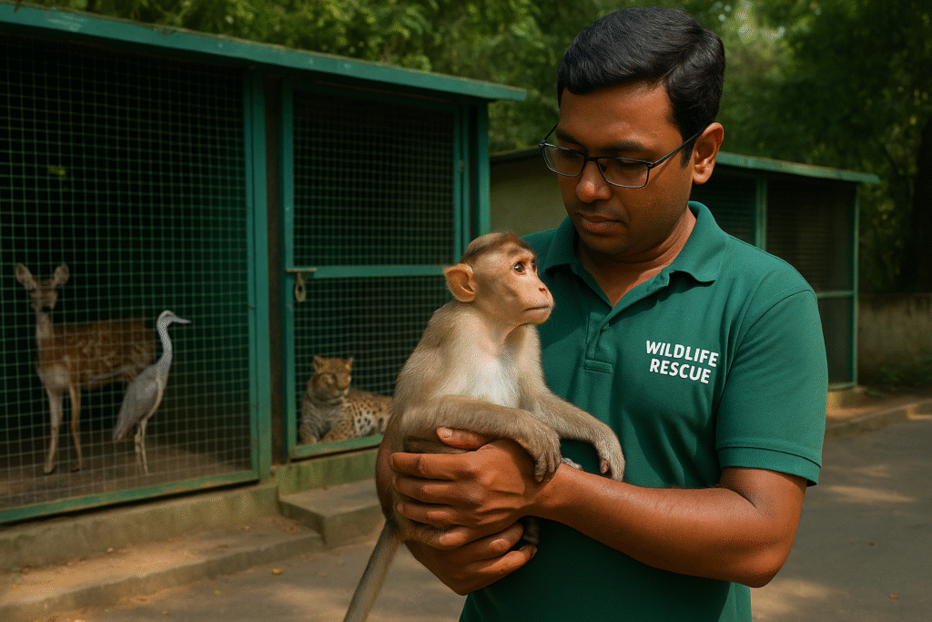 Indian wildlife rescuer holding an injured monkey in front of rescue center enclosures.