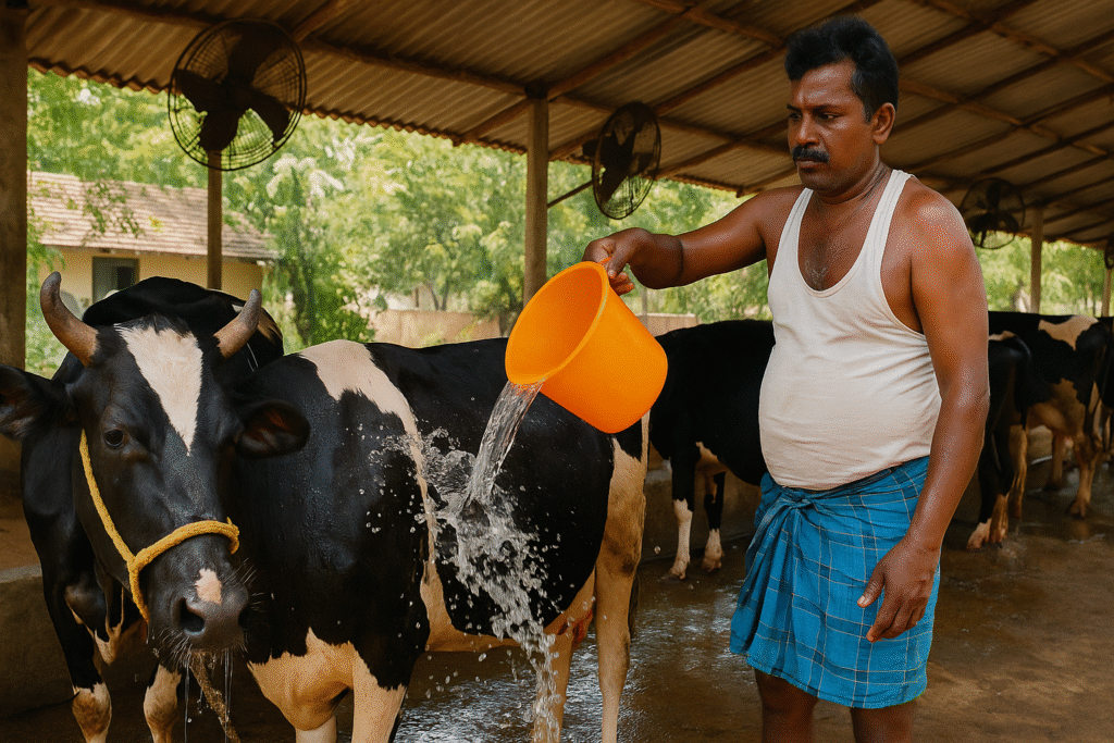 A Tamil Nadu dairy farmer pouring water on a black-and-white cow to reduce heat stress during summer in a rural cattle shed, with ceiling fans and shade visible under bright daylight.