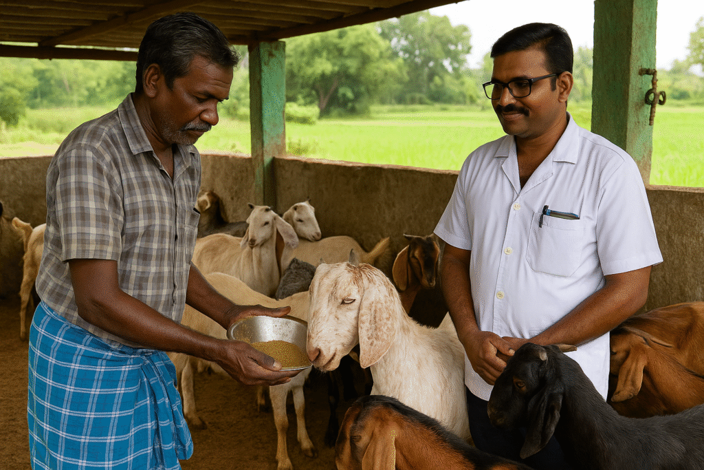 A Tamil Nadu goat farmer feeding mineral mixture to a white goat inside a rural shed, while a veterinary officer observes with a smile. The background shows green fields and other goats, symbolizing animal nutrition awareness.
