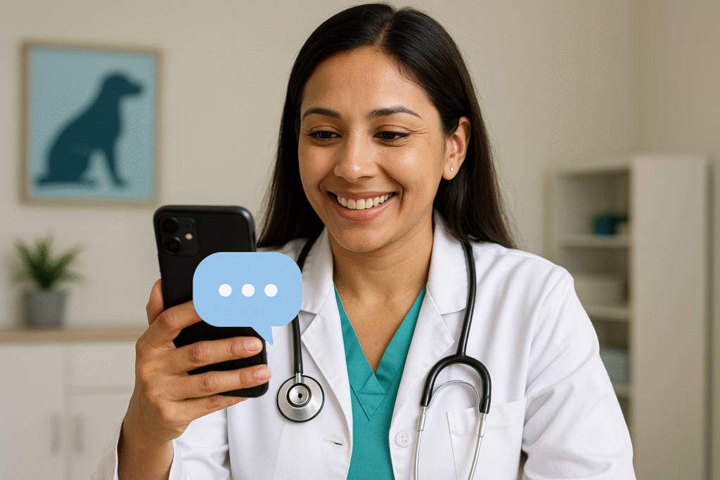 Female Indian veterinarian smiling while chatting with a pet owner through mobile during an online vet consultation.