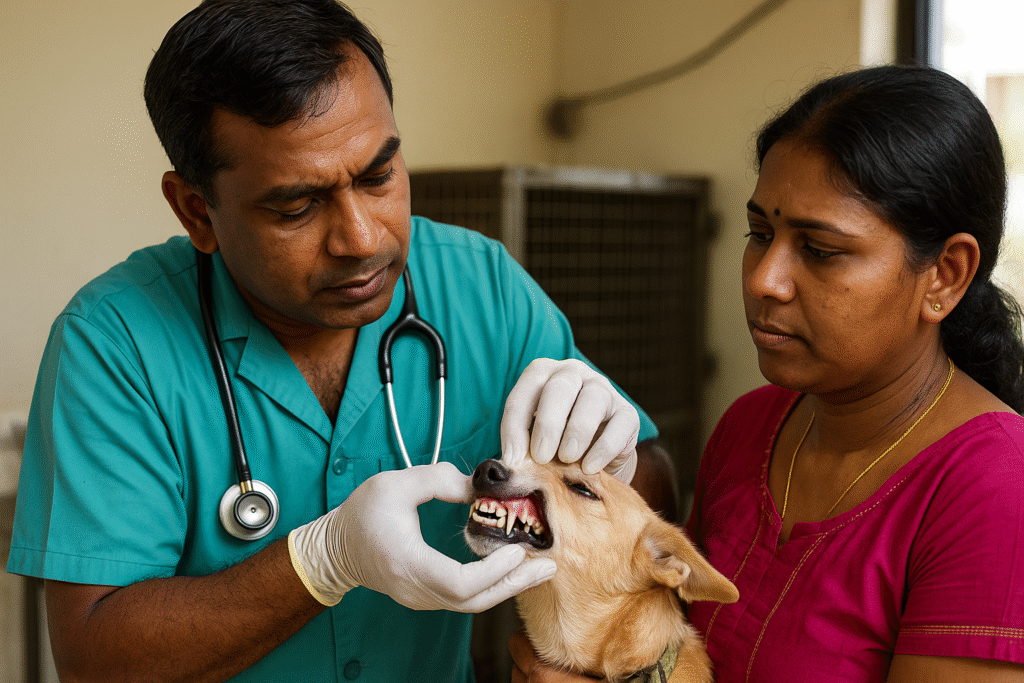 A Tamil Nadu veterinarian conducting a dental check-up on a small dog while the owner observes. The vet gently lifts the dog’s upper lip to examine its teeth inside a brightly lit pet clinic in Chennai.