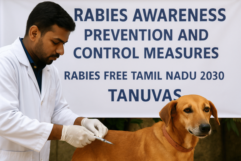 A veterinarian administers a rabies vaccination to a brown dog during a “Rabies Awareness – Prevention and Control Measures” camp, with an English banner reading “Rabies Free Tamil Nadu 2030 – TANUVAS” in the background.