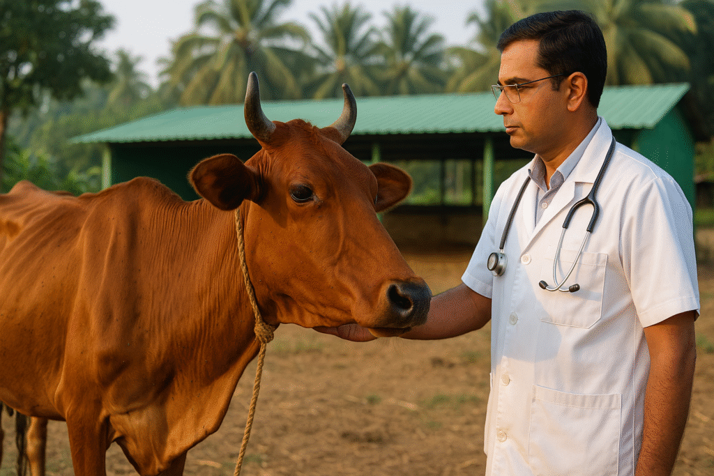 Indian veterinarian examining a brown cow with visible ticks in a Tamil Nadu village farm during early morning natural light.