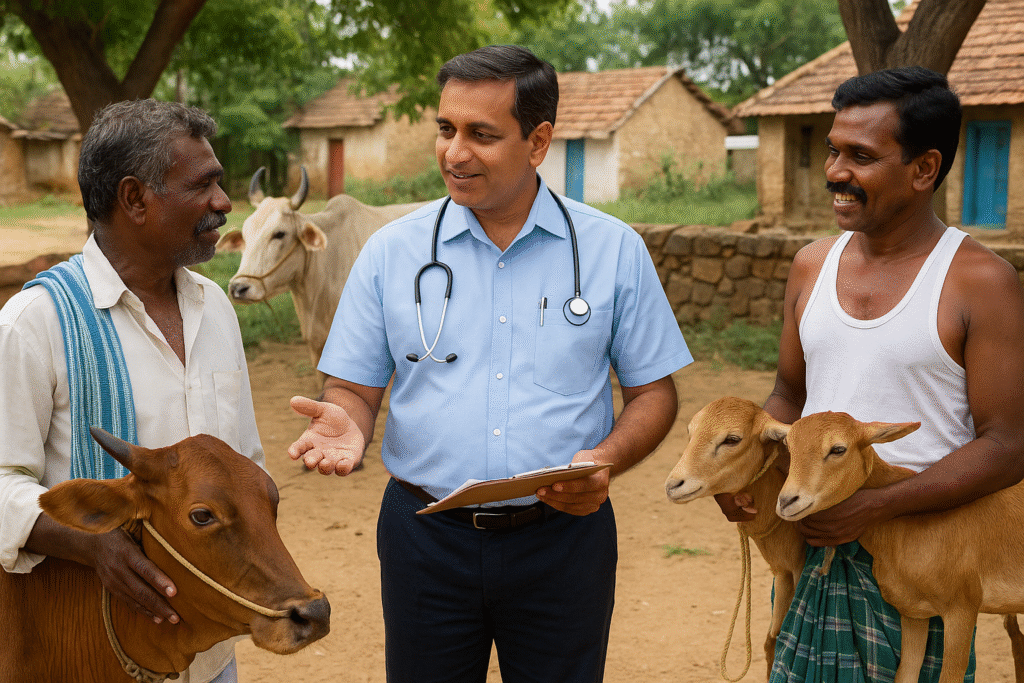 A Tamil Nadu veterinary officer interacting with two farmers in a rural village while discussing animal care. One farmer holds a calf, the other carries two goats, with traditional tiled houses and greenery in the background.