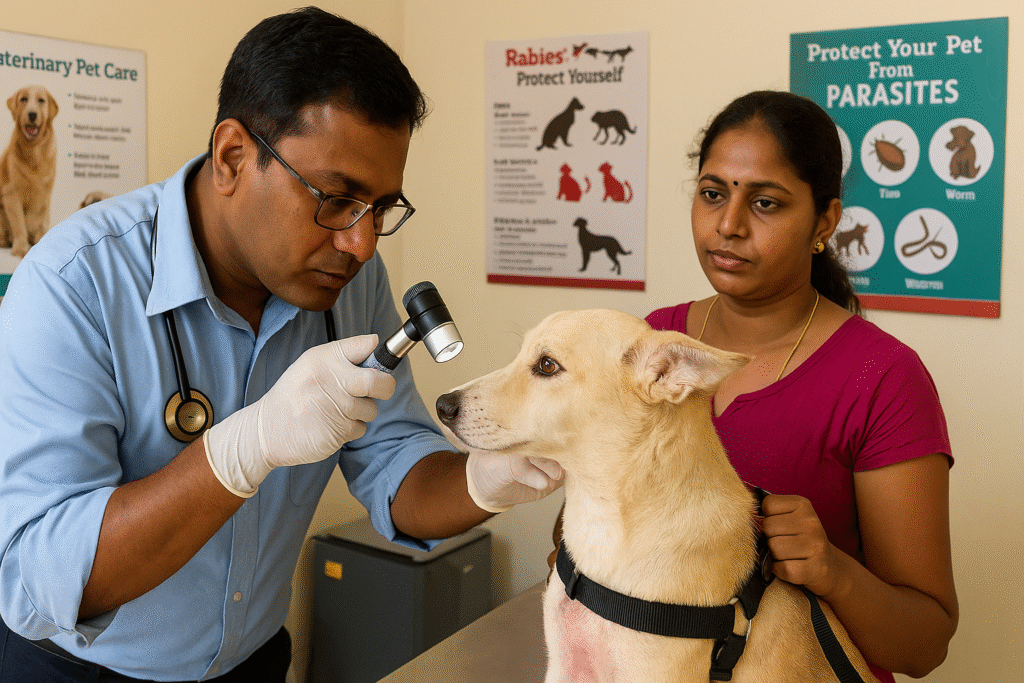 A Chennai veterinarian examines a dog’s skin rash using a dermal light while the pet owner holds the dog steady inside a bright clinic. English posters about rabies and parasite protection are displayed on the wall in the background.