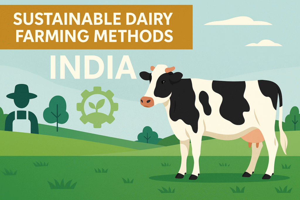 A flat-style illustration showing a Holstein cow standing on a green farm field in India with sustainability icons, trees, and a farmer silhouette in the background, representing sustainable dairy farming methods.