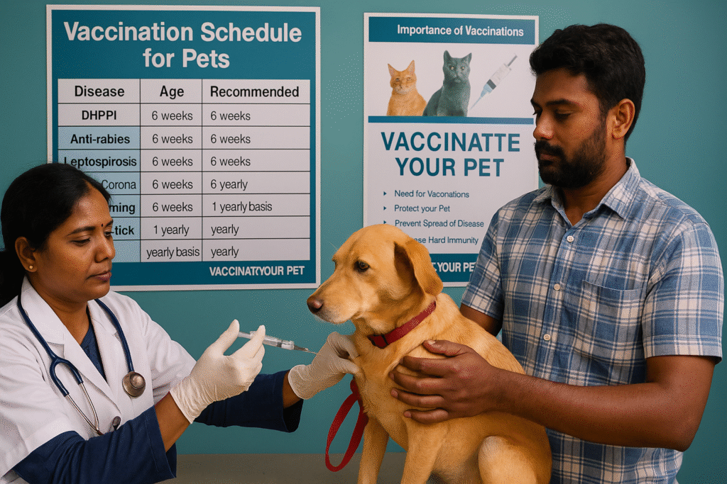 A Tamil Nadu veterinary officer giving a rabies vaccination to a pet dog while the owner holds it. English posters behind them display “Vaccination Schedule for Pets” and “Vaccinate Your Pet” awareness information inside a Chennai veterinary clinic.