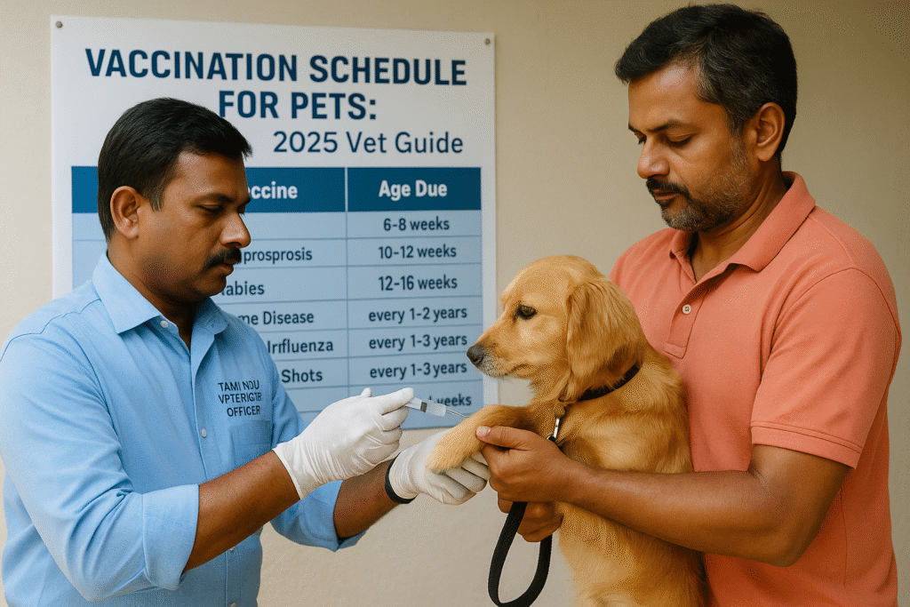 A veterinarian vaccinates a small dog while the owner holds it, standing in front of an English vaccination schedule poster titled “Vaccination Schedule for Pets: 2025 Vet Guide.”