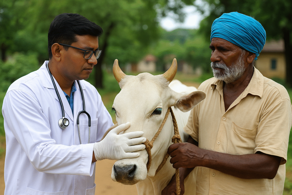 A South Asian veterinarian gently examines a white cow while the farmer stands beside the animal in a rural Tamil Nadu setting, surrounded by green trees and natural daylight.