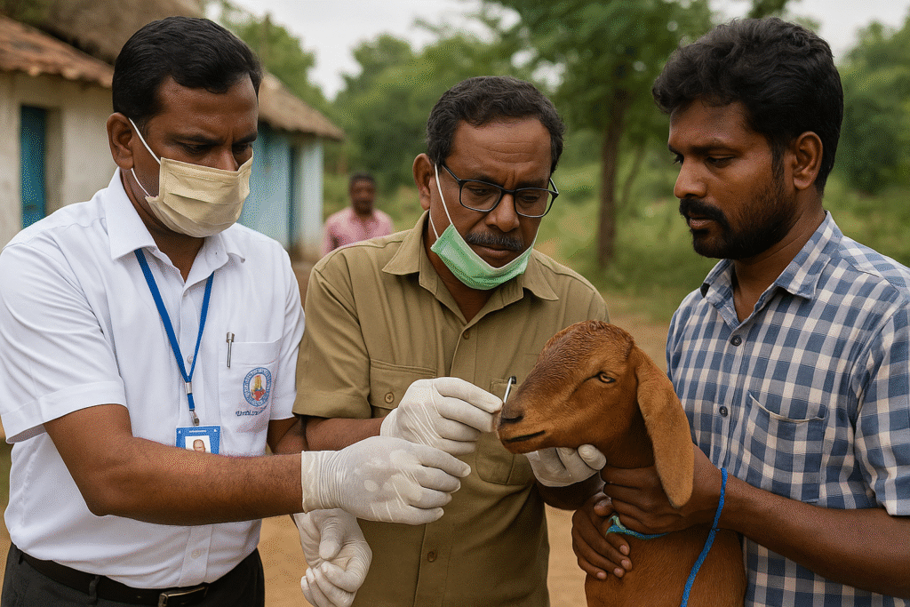 A Tamil Nadu veterinary officer and a public health inspector examine a goat for disease symptoms in a rural village, while the farmer holds the animal steady under natural daylight.