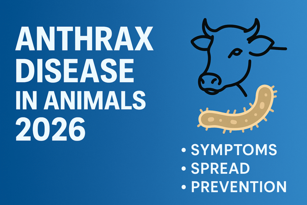 Anthrax disease in animals 2026 graphic showing cow outline and Bacillus anthracis bacteria on a blue background