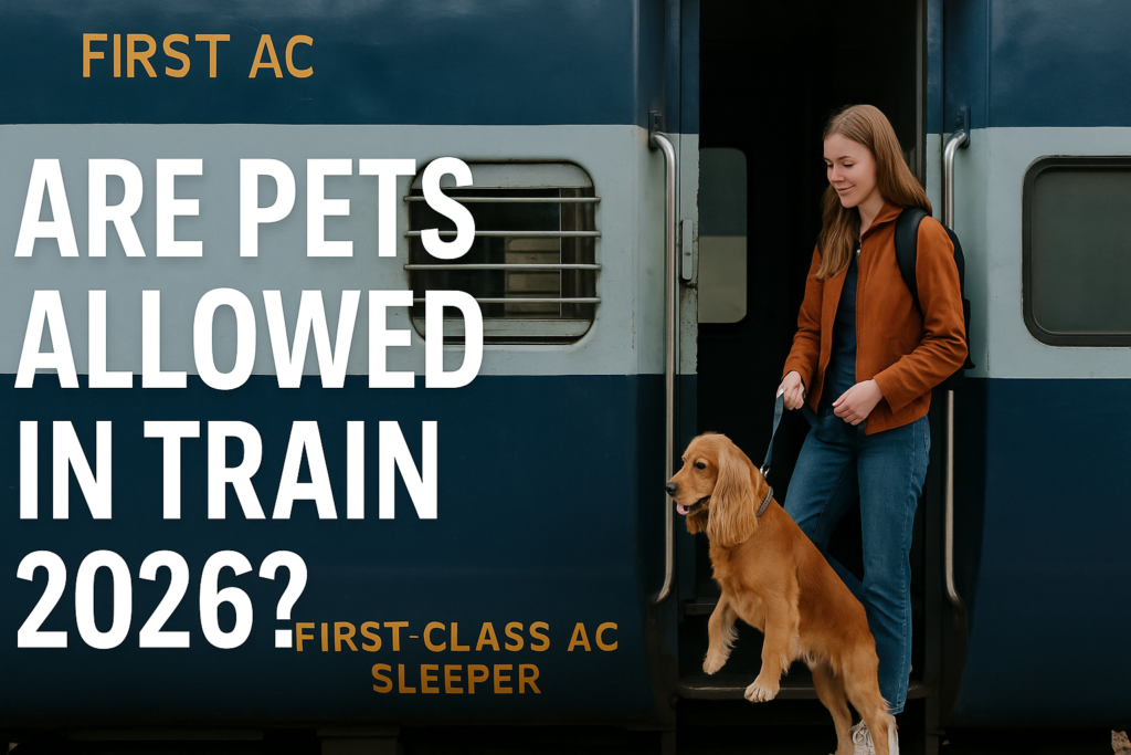 Woman boarding a First AC Indian train with her pet dog, illustrating the question “Are Pets Allowed in Train 2026?” in a featured image.