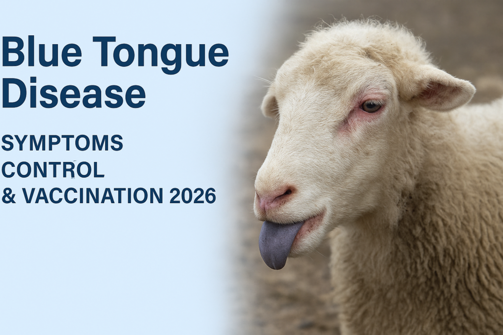 Sheep showing blue tongue disease symptoms with swollen tongue and red eyes, 2026 veterinary health illustration.
