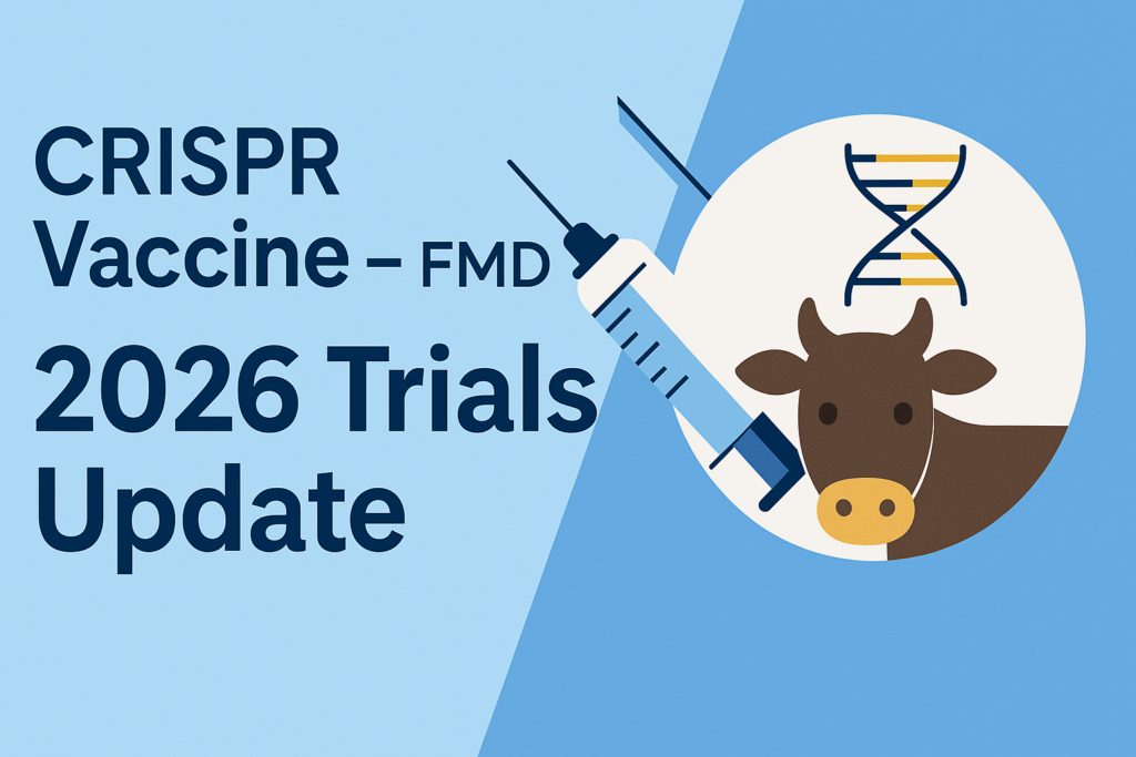CRISPR vaccine FMD 2026 trials update graphic with cow icon, DNA helix, and syringe on a blue background