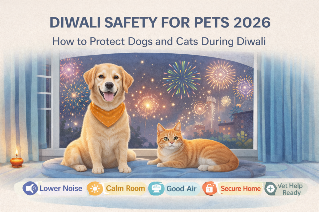 Diwali safety for pets 2026 showing a dog and cat safely indoors while firecrackers burst outside.