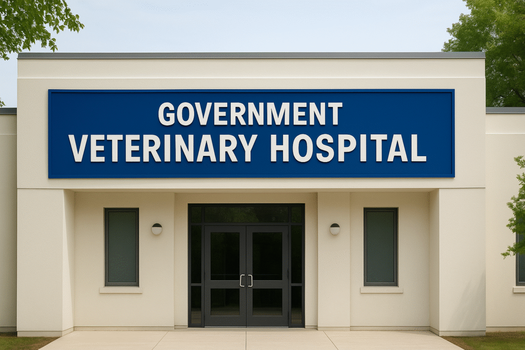 Government veterinary hospital building exterior with blue signage in 2026