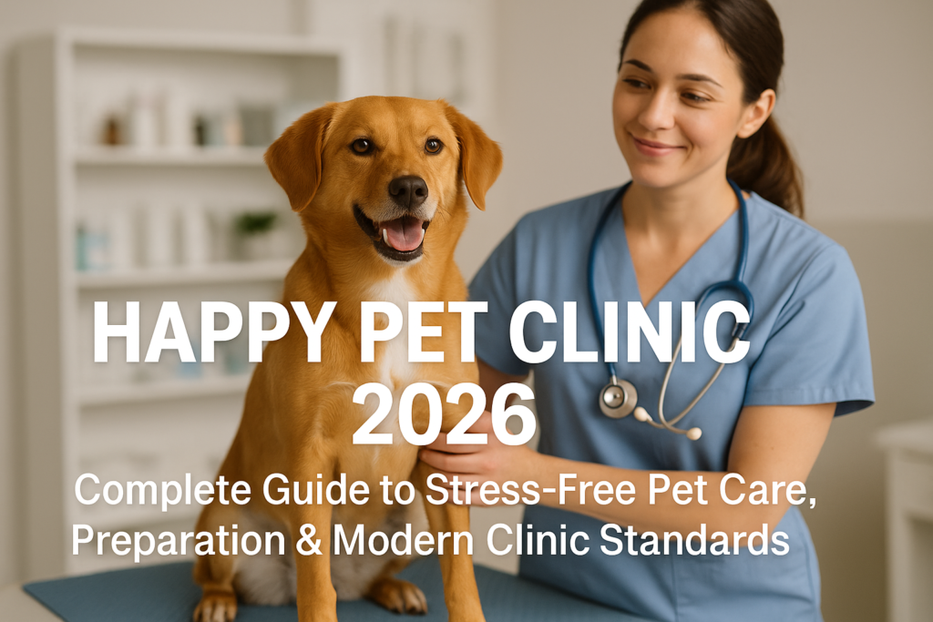 Happy Pet Clinic 2026 showing a dog with a veterinarian in a calm, modern pet clinic environment.