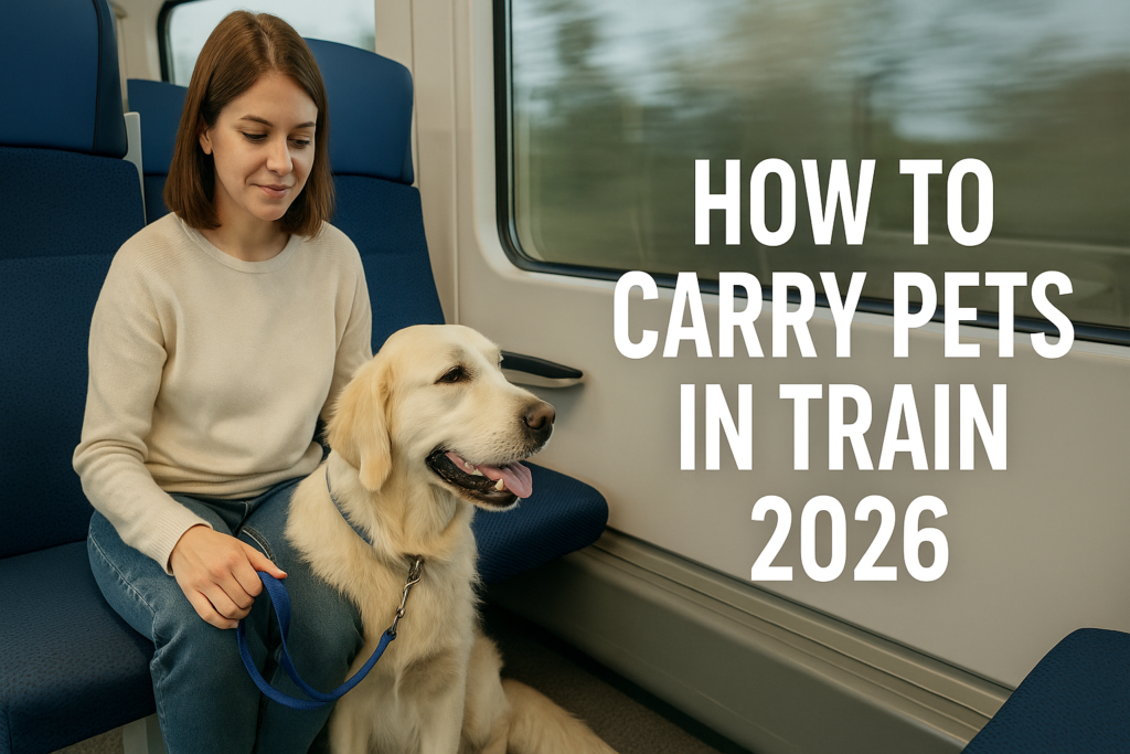 A woman sitting inside a modern train with her Golden Retriever on a leash, with the text “How to Carry Pets in Train 2026” displayed on the right side of the image.