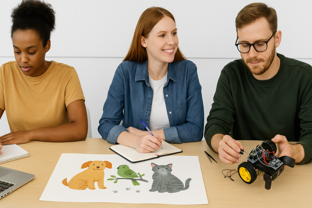 Students working on a pet animals project with drawings of a dog, bird, and cat on paper, while another student assembles a small robotic model on a classroom table.