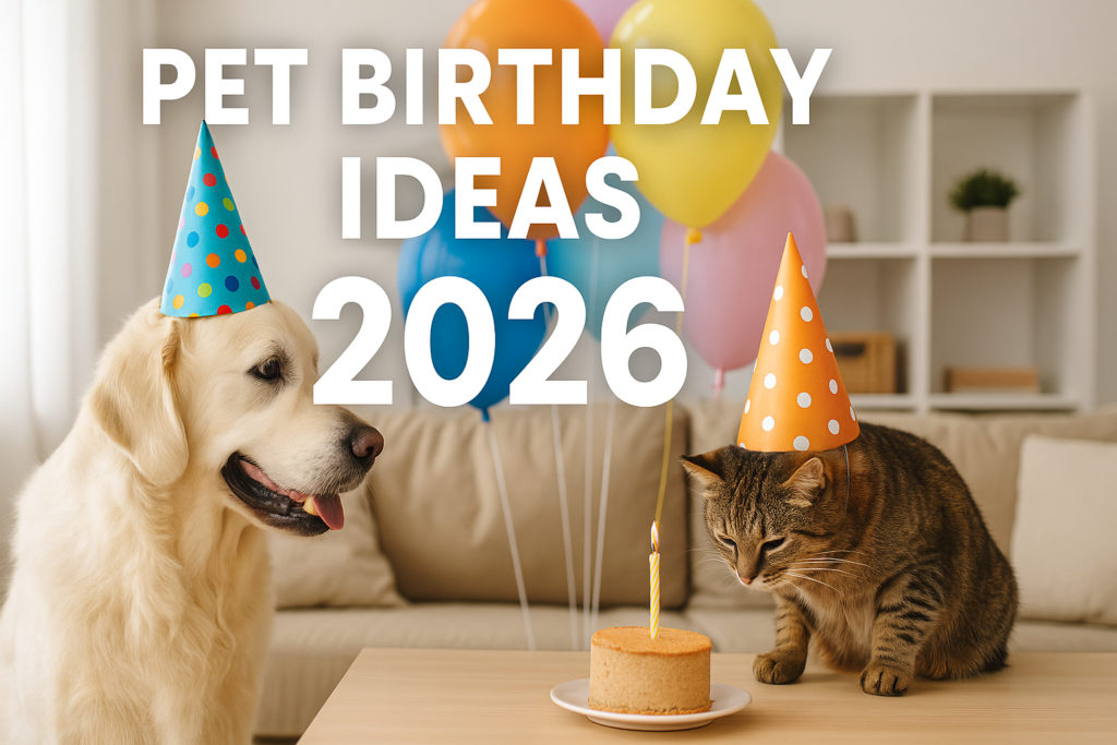 Pet birthday ideas 2026 shown with a happy pet, birthday decorations, and celebration elements.