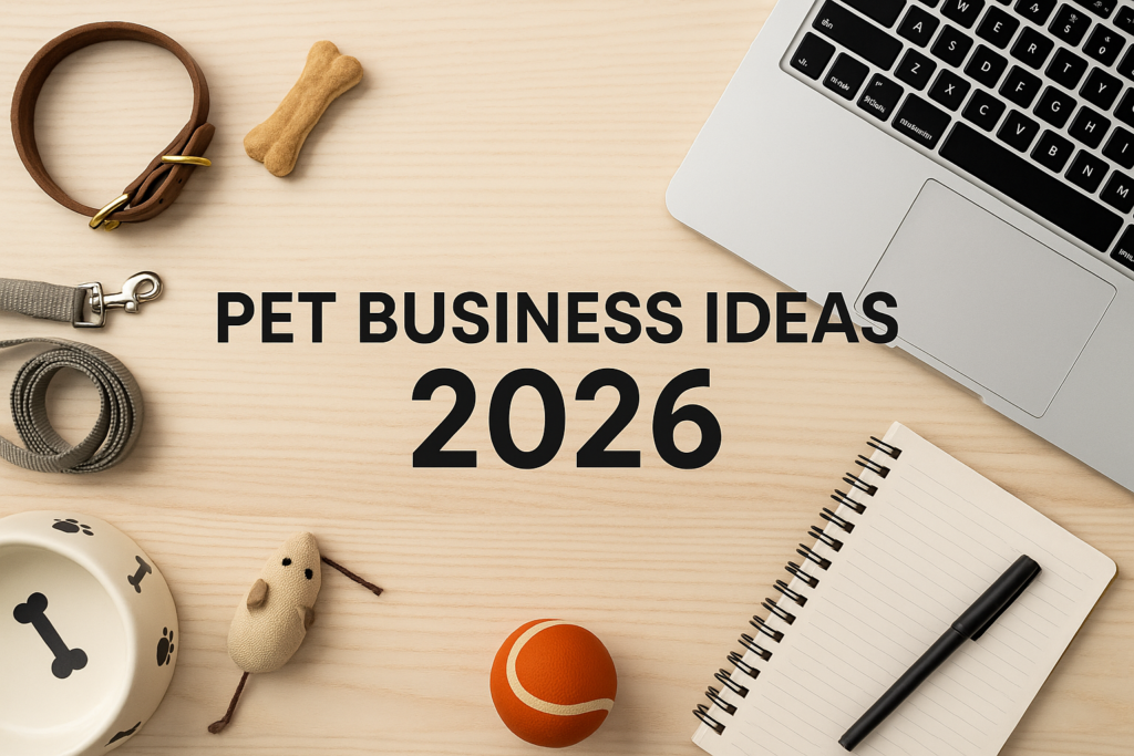 High-quality DSLR-style banner showing a workspace with pet accessories, laptop, leash, toy, notebook, and bold title text “Pet Business Ideas 2026”.