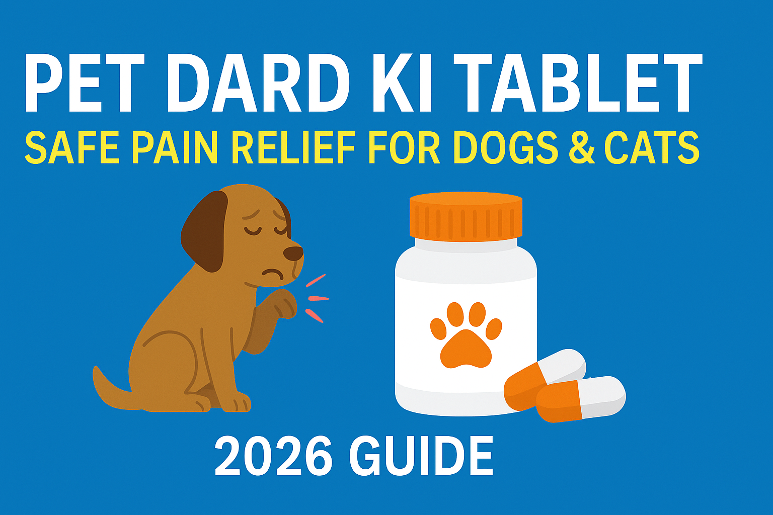 Pet dard ki tablet 2026 guide image showing a sad dog illustration and a pet medicine bottle on a blue background