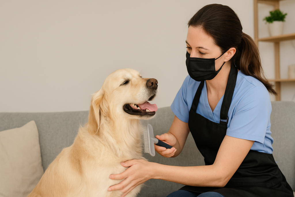 Professional pet groomer brushing a Golden Retriever at home during a 2026 doorstep grooming session.